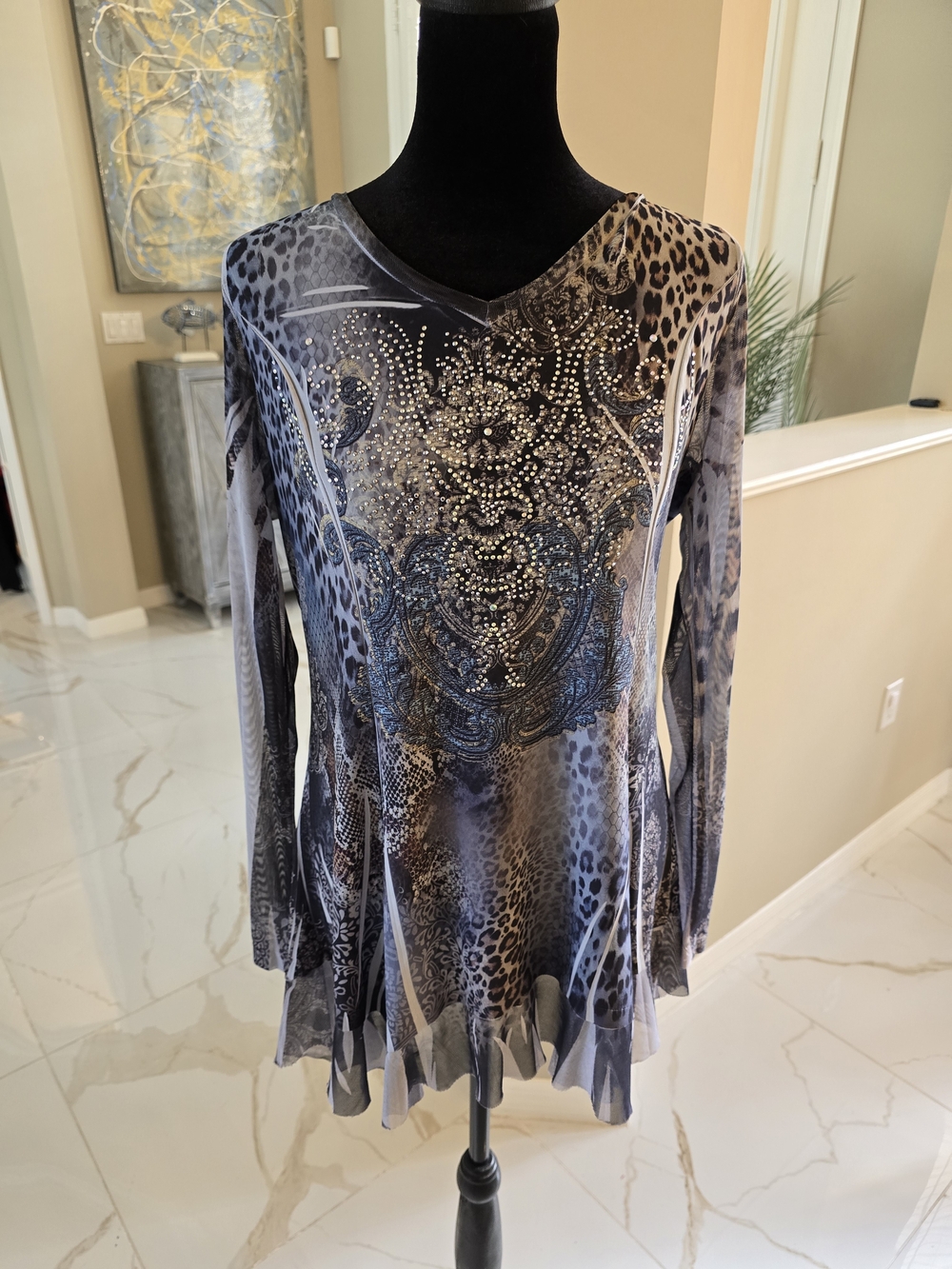 Adore Gray and Black Animal-Print Long Sleeve Tunic with Rhinestone Detail